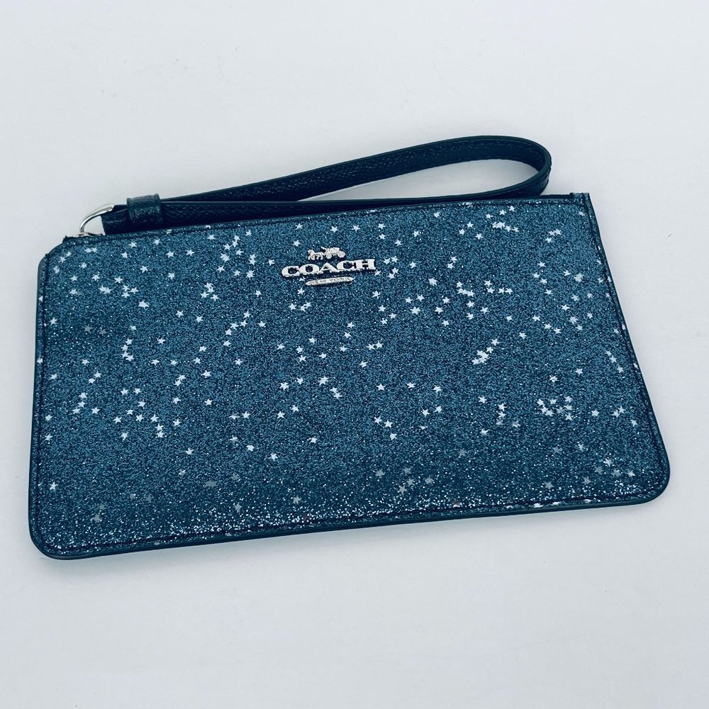 COACH Midnight Blue & Silver Star Glitter Small Wristlet F38641